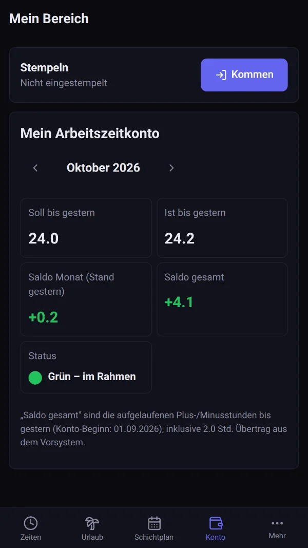 Zeiterfassungs-App ZeitBar: Arbeitszeitkonto mit Soll, Ist und Saldo (Beispieldaten)