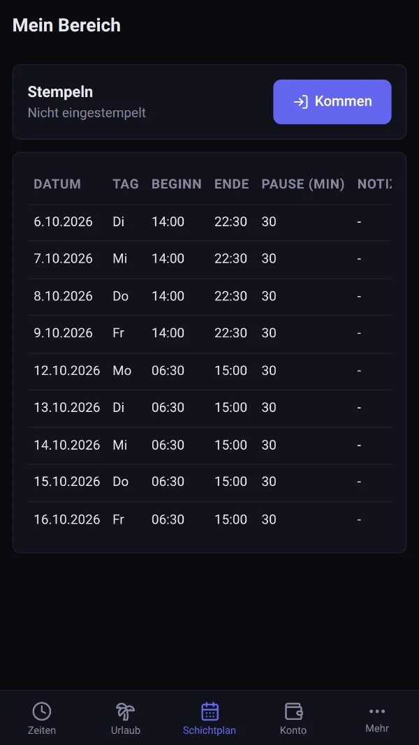 Zeiterfassungs-App ZeitBar: eigener Schichtplan (Beispieldaten)