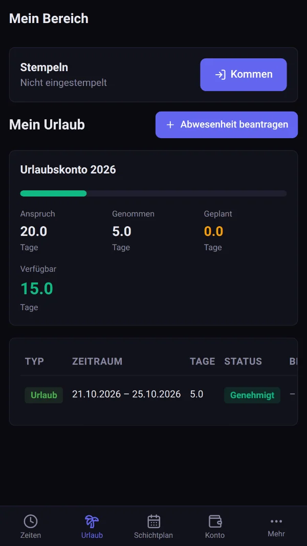 Zeiterfassungs-App ZeitBar: Urlaubskonto und Urlaubsantrag (Beispieldaten)